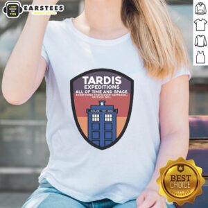 Good Tardis Expeditions Police Call Box Ladies Tee featuring a colorful design inspired by time and space travel.