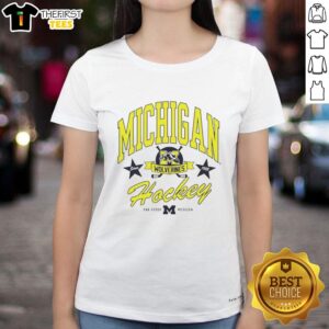 Heritage Ladies Tee featuring University of Michigan Wolverines hockey logo, perfect for fans and casual wear.