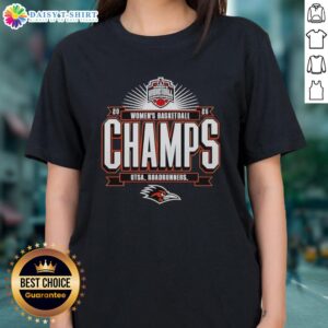 Alt Text: 2026 American Conference Women's Basketball Tournament Champions Good Utsa Roadrunners ladies tee shirt design