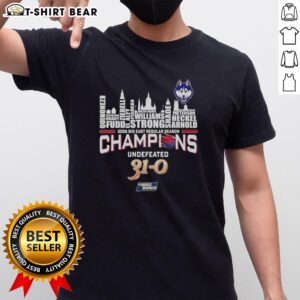 2026 Big East Champions UConn Huskies T-Shirt featuring city skyline design, celebrating their undefeated 31-0 season.