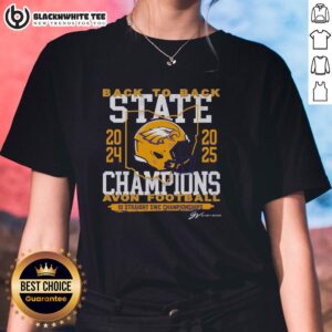 Top Avon Football Back-to-Back State Champs Ladies Tee featuring team colors and logo, perfect for proud fans.