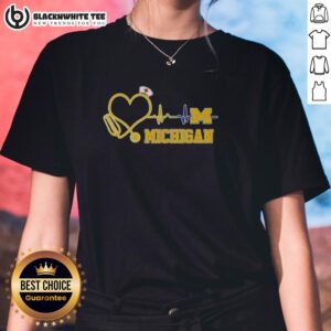 Alt Text: Awesome Michigan Wolverines Nurse Lover Heartbeat Baseball Ladies Tee showcasing team spirit and nursing passion.