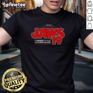 Alt Text: Original Jaws 19 T-Shirt directed by Max Spielberg featuring iconic shark design and vintage movie graphics.