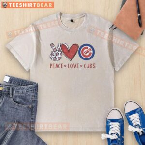 Awesome Chicago Cubs peace love hand sign heart shape t-shirt featuring Cubs logo, perfect for fans and casual wear.