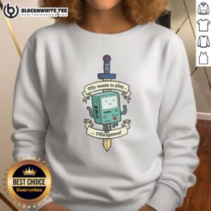 Top Who Wants to Play Videogames Adventure Time BMO sweatshirt featuring colorful graphics of BMO character.