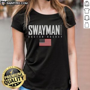Cute Jeremy Swayman in Boston Bruins gear, featuring USA flag design on an elite ladies tee.