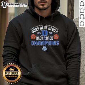 2026 Duke Blue Devils back-to-back ACC Men's Tournament Champions hoodie featuring team colors and logo.
