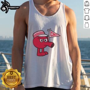 Model wearing a Good Redbert Cincy tank top in vibrant red, showcasing a trendy summer fashion style.