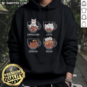 Cozy 'Cute Cat Coffee Guide' hoodie featuring playful cat graphics, perfect for cat lovers and coffee enthusiasts.