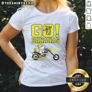 Alt Text: Premium Snoopy and Woodstock driving with bananas on a ladies tee, perfect for fans of Peanuts and casual wear.