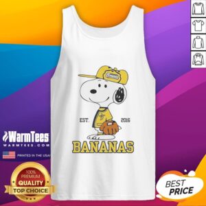 Cute Snoopy wearing Savannah Bananas outfit on tank top, established 2016, showcasing playful design and vibrant colors.