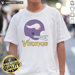 Alt Text: Awesome Minnesota Vikings football logo featured on a large helmet design in a stylish T-shirt. Perfect for fans!