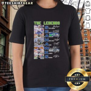 Seattle Seahawks Legends Ladies Tee featuring iconic names and signatures, perfect for fans and collectors.