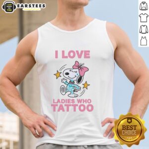 Original Snoopy wearing a pink bow on 'I Love Ladies Who Tattoo' tank top, perfect for tattoo lovers and fans.