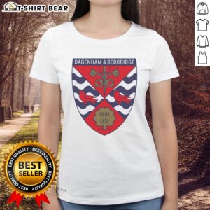 Alt Text: Top Dagenham and Redbridge FC logo on a stylish 1881 ladies tee, perfect for fans of the team.