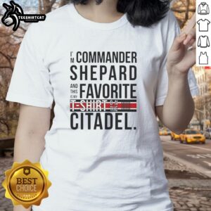 Commander Shepard wearing a favorite shirt on the Citadel, showcasing the official Mass Effect ladies' tee design.