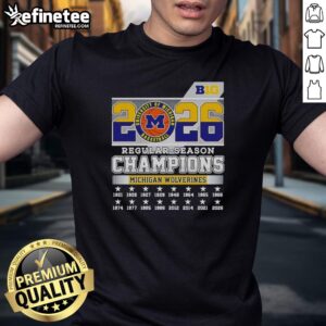 Premium Michigan Wolverines NCAA Basketball Big 10 2026 Champions T-Shirt featuring team colors and logo.