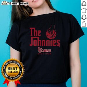 Alt Text: Top St. Johns Basketball The Johnnies ladies tee featuring team colors and logo, perfect for fans and casual wear.