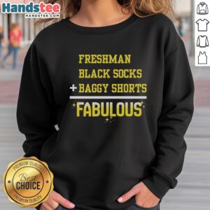 Stylish official freshman black socks paired with baggy shorts and a fabulous sweatshirt for a trendy casual look.