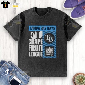 Original Tampa Bay Rays 2026 Spring Training AZ FL 25 True Icon Washed T-Shirt displayed on a hanger with vibrant colors.
