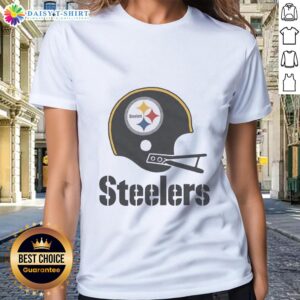 Alt Text: Official Pittsburgh Steelers football logo on a big helmet design for ladies' tee, perfect for fans and casual wear.