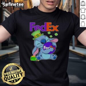 Adorable St. Patrick's Day T-shirt featuring Stitch hugging the FedEx logo in a festive green design.