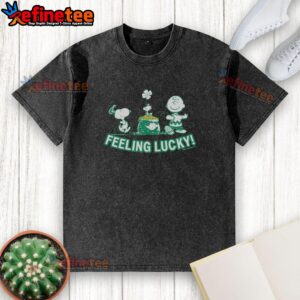 Official Peanuts Snoopy Feeling Lucky washed t-shirt featuring a playful Snoopy graphic in vibrant colors.