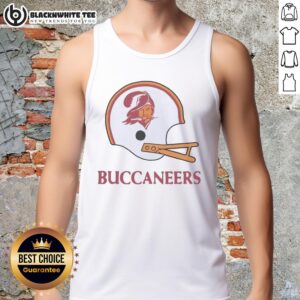 Alt Text: Stylish tank top featuring the Tampa Bay Buccaneers football logo in a bold helmet design, perfect for fans.