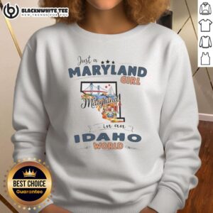 Alt Text: Maryland girl in Idaho world sweatshirt featuring state map outline, perfect for proud Maryland residents.