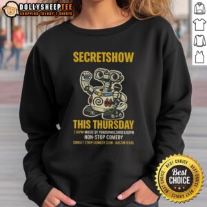 Good Secret Show this Thursday at 7:30 PM featuring Yonderwizzard at 8 PM - cozy sweatshirt design for the event.
