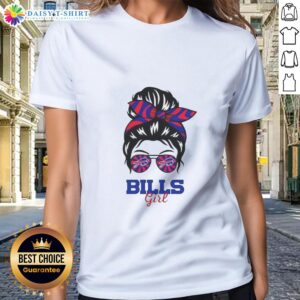 Buffalo Bills girl in a messy bun and glasses wearing a stylish ladies tee, showcasing team spirit and casual style.