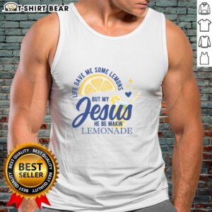 Alt Text: Woman wearing 'Nice Life Gave Me Lemons But My Jesus Makes Lemonade' tank top, embracing positivity and faith.