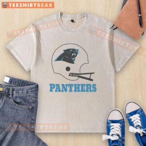 Alt Text: Awesome Carolina Panthers football logo on a big helmet graphic featured on a stylish washed t-shirt.