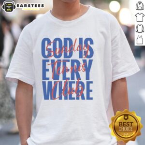 Alt Text: Pretty Sunday Tennis Club 'God Is Everywhere' T-Shirt design featuring a colorful graphic and tennis-themed elements.