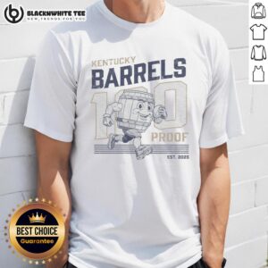 Alt Text: Retro 'Good 100 Proof' Kentucky barrels T-shirt featuring a vintage mascot design for whiskey enthusiasts.