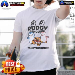 Alt Text: Awesome Pudgy Penguins Vandy The Pink T-Shirt featuring cute penguin graphics on a vibrant pink background.