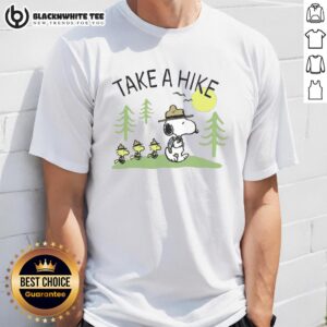 Alt Text: Pretty Peanuts Snoopy Take A Hike T-Shirt featuring Snoopy hiking in a scenic landscape, perfect for outdoor enthusiasts.