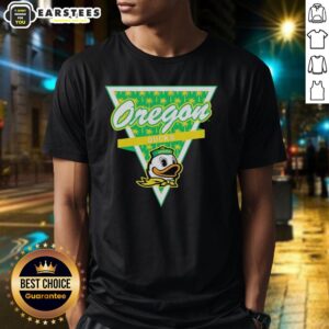 Alt Text: Oregon Ducks football t-shirt with a palm tree pattern and triangle logo, perfect for fans of the team.