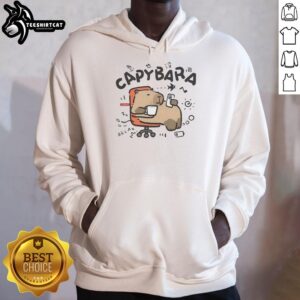 Pretty relaxing capybara lounging on an office chair, wearing a cozy hoodie, perfect for a chill work vibe.