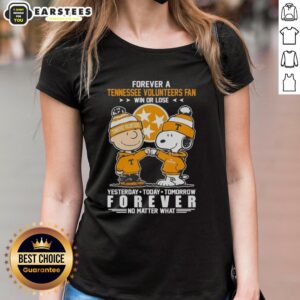 Alt Text: Awesome Tennessee Volunteers Snoopy and Charlie Brown Forever a Fan win or lose ladies tee shirt design.