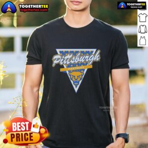 Alt Text: Pittsburgh Panthers football t-shirt featuring a unique palm tree pattern inside a triangle logo design.