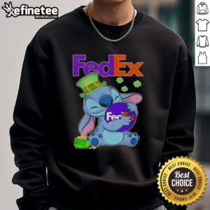 Cute Stitch hugging FedEx logo on St. Patrick's Day sweatshirt, perfect for festive celebrations and cozy wear.