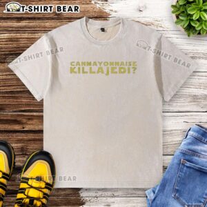 Original 'Can Mayonnaise Kill A Jedi' washed t-shirt featuring fun graphic design, perfect for Star Wars fans and casual wear.