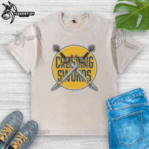 Premium Crossing Swords Podcast logo on a washed t-shirt, featuring bold graphics and vibrant colors for fans.