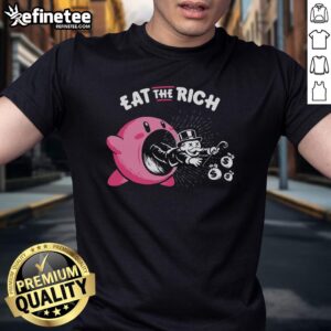 Premium Kirby Eat The Rich T-Shirt featuring vibrant graphics of Kirby devouring coins, perfect for gamers and cartoon lovers.