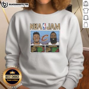Alt Text: Cozy sweatshirt featuring NBA Jam graphics of Cavs' Mitchell and Harden, perfect for basketball fans.