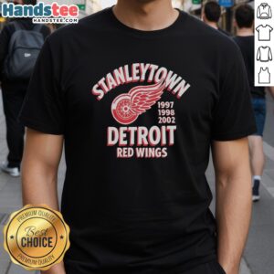 Official Stanleytown Detroit Red Wings T-Shirt from 1997, 1998, and 2002 featuring classic team logo and design.
