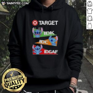 Adorable Cute Stitch x Target hoodie featuring 'Idk I Don't Care Idgaf' text design in vibrant colors.