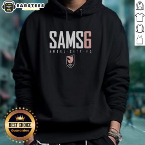 Awesome Sam's Emily Sams wearing an Angel City FC logo hoodie, showcasing team spirit and style.