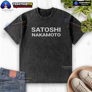 Alt Text: Awesome Satoshi Nakamoto washed t-shirt featuring a cool graphic design and comfortable fit for cryptocurrency enthusiasts.
